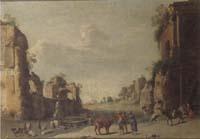 unknow artist A southern landscape with drovers and their cattle resting before a set of ruins